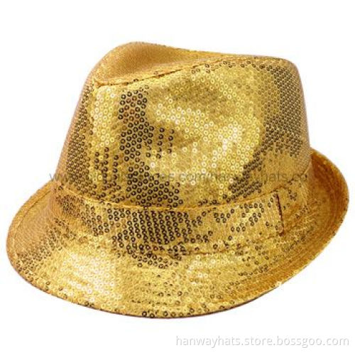 Ladies' All-Over Sequins Gold Fedora Hat with Self Band and Loop Trim